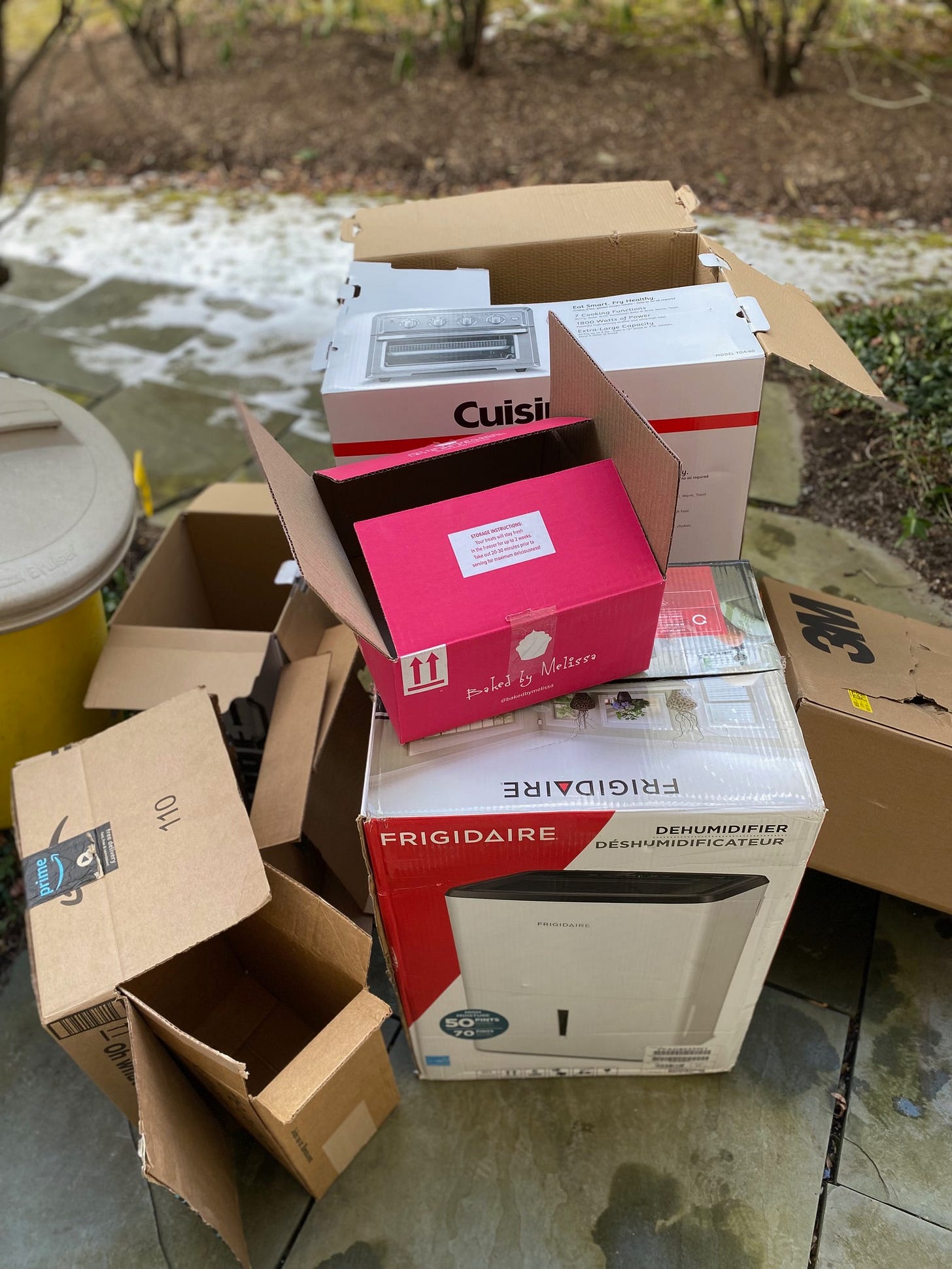 Empty brown boxes and large Frigidaire dehumidifier white box on slate walkway with snow on ground in background.white
