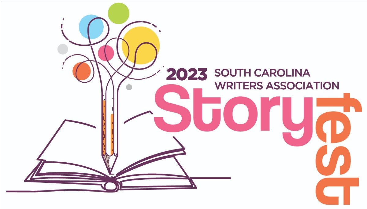 Image of 2023 Storyfest logo with book with pencil coming out and colorful swirls.