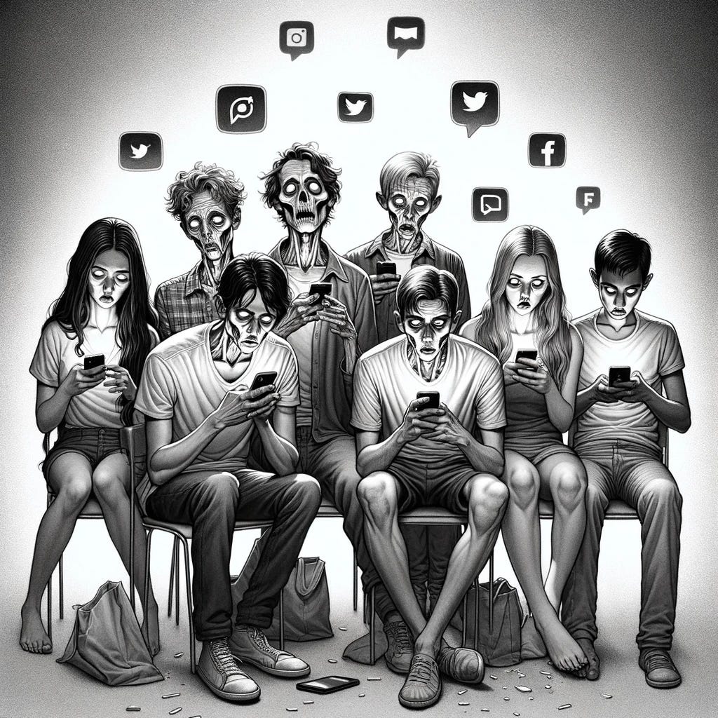 Illustrate a scene capturing a generation of diverse individuals, men and women of varying descents, seated in a monochrome, lifeless room that symbolizes the void of mindless scrolling on social media. They are portrayed in a zombified state, with vacant expressions and a dazed look in their eyes, epitomizing the term 'digital zombies'. Their fingers drag listlessly on their phone screens, swiping up in a continuous loop of short videos. The room should have scattered icons of social media apps floating around like specters, emphasizing the ghostly grip of technology on their consciousness. The overall tone of the illustration should convey a deep sense of ennui and detachment from reality, reflective of the numbing effect of constant digital consumption.