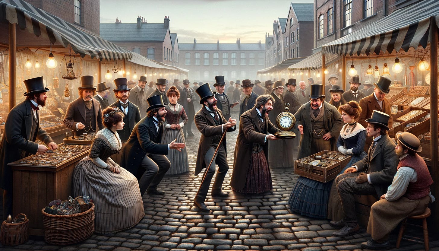 DALL·E 2024-03-17 10.54.37 - In a panoramic view of a bustling Victorian market, several untrustworthy merchants, all dress.webp