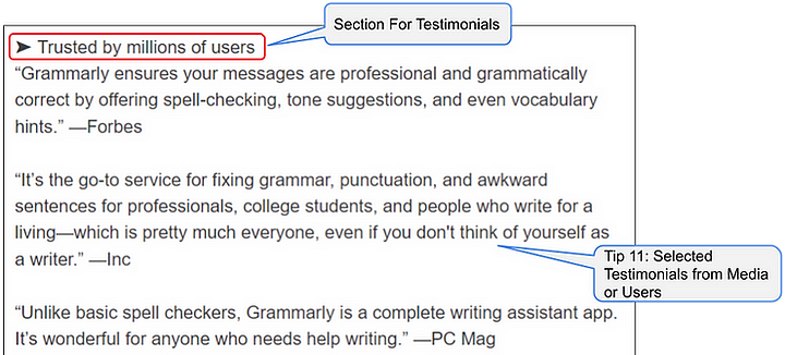 Grammarly description screenshot shows them highlighting the appreciation they receive from media and users.