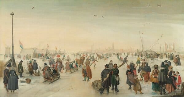 A painting of a wintry scene of a village gathered in the snow, everyone on skates.