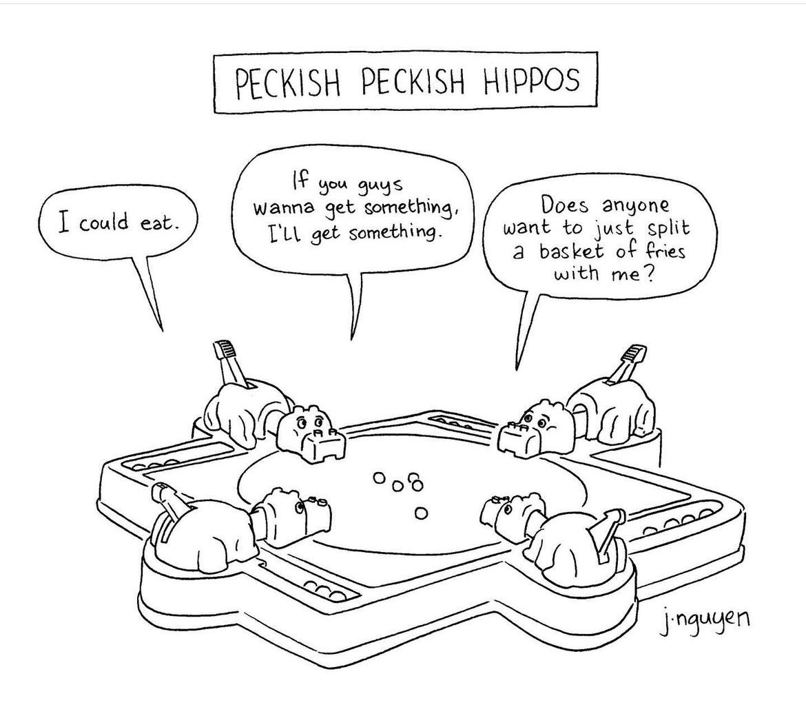cartoon of hungry hungry hippos game titled peckish peckish hippos with the hippos talking about eating