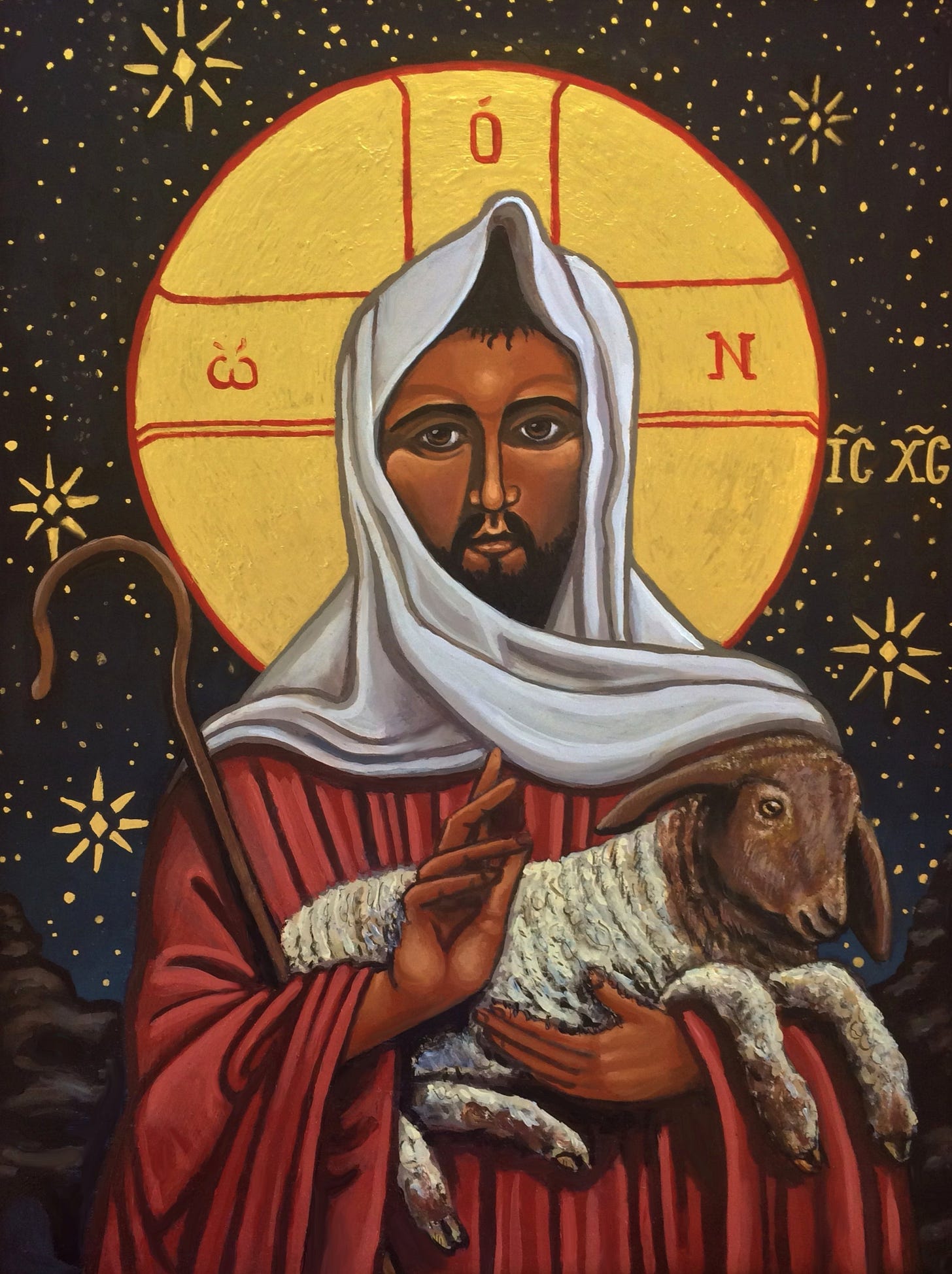 A modern version of an icon of the Good Shepherd shows a brown-skinned shepherd holding a sheep against a night sky with a golden halo around him.