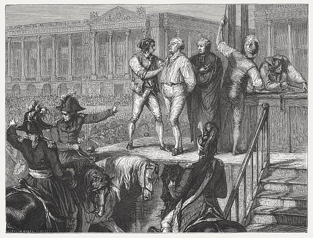 Execution of French king Louis XVI (1754-1793), published in 1871 The execution of French king Louis XVI (1754 - 1793) during the French Revolution. Wood engraving, published in 1871. french revolution stock illustrations
