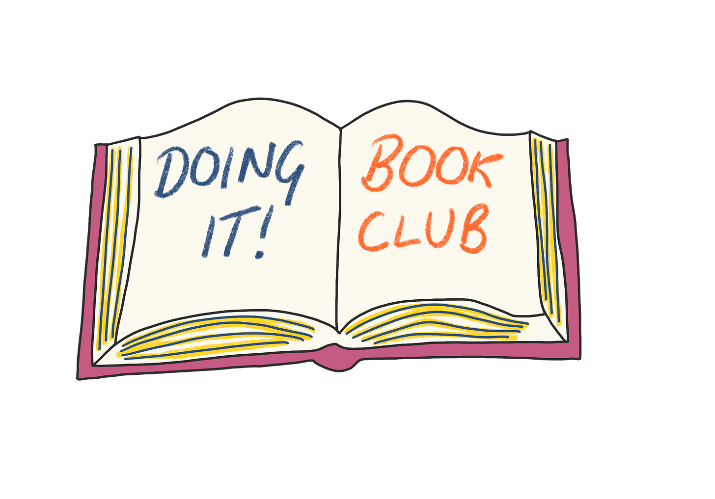 An illustration of an open book with the words Doing It on one open page and Book Club on the other