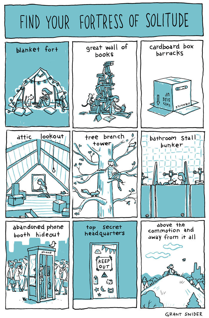 Find Your Fortress of Solitude
I illustrated Susan Cain’s “Quiet Power: The Secret Strengths of Introverts,” which will be published next week! It’s a guide for young introverts that I wish I had read a couple decades earlier.
Incidental Comics...