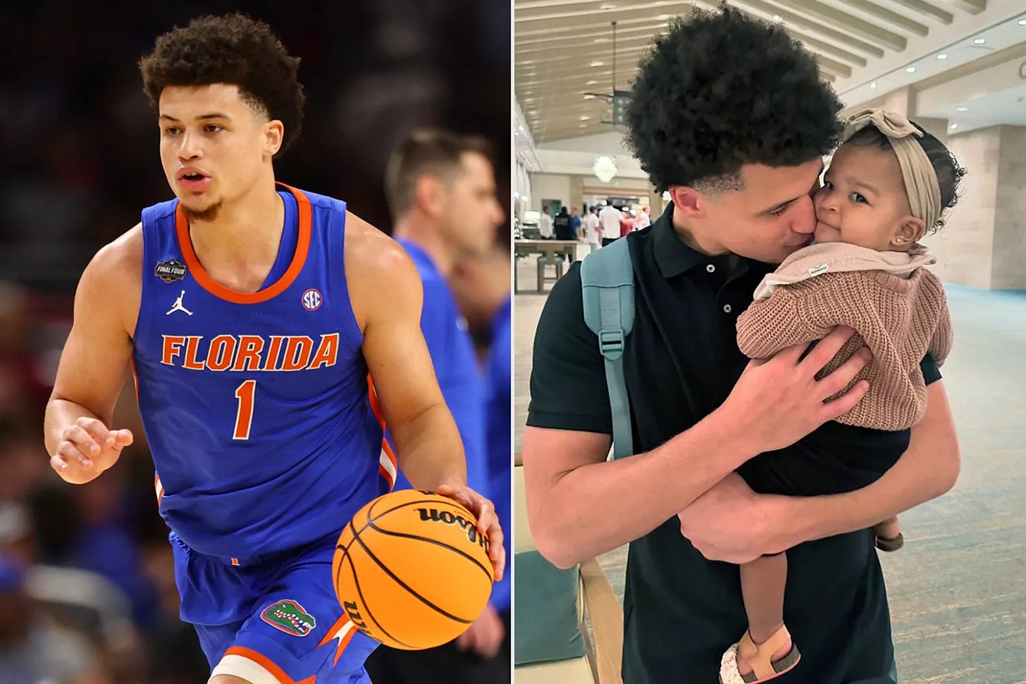 Walter Clayton Jr. #1 of the Florida Gators during the Final Four Game of the NCAA Men's Basketball Tournament on April 05, 2025 in San Antonio, Texas ; Walter Clayton Jr. and his daughter Leilani Leigh Clayton in December 2024.