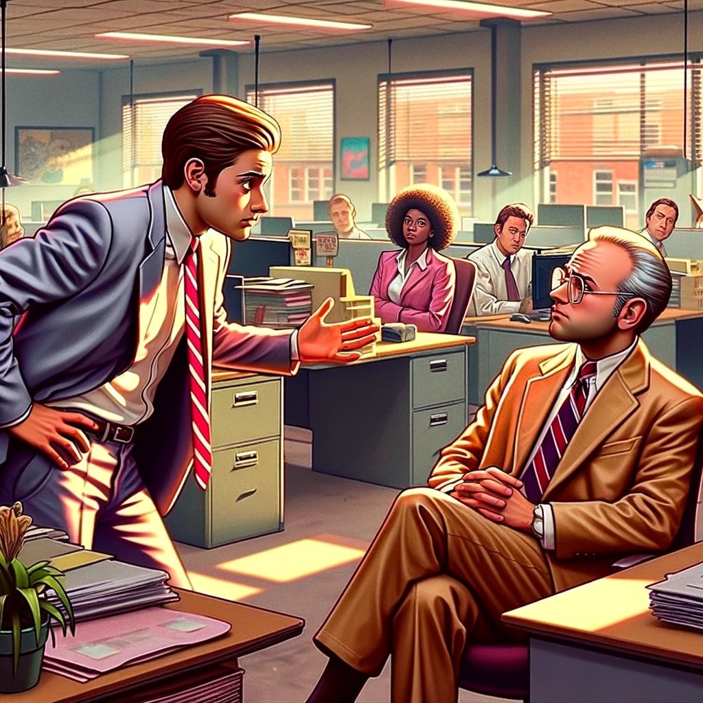 Create a stylized image inspired by the "What would you say you do here" meme. The image should capture the essence of the meme, typically featuring an office setting where one character in a business suit is questioning another character's role or contribution. The scene should be rendered in a humorous and exaggerated style, emphasizing the awkwardness of the interaction. The characters should be expressive, with the questioner displaying a look of confusion or skepticism, and the respondent appearing somewhat defensive or perplexed. The background can include office elements like desks, chairs, and computers, adding to the context of the scene. The artwork should be vibrant and engaging, with a modern twist on the classic meme format.