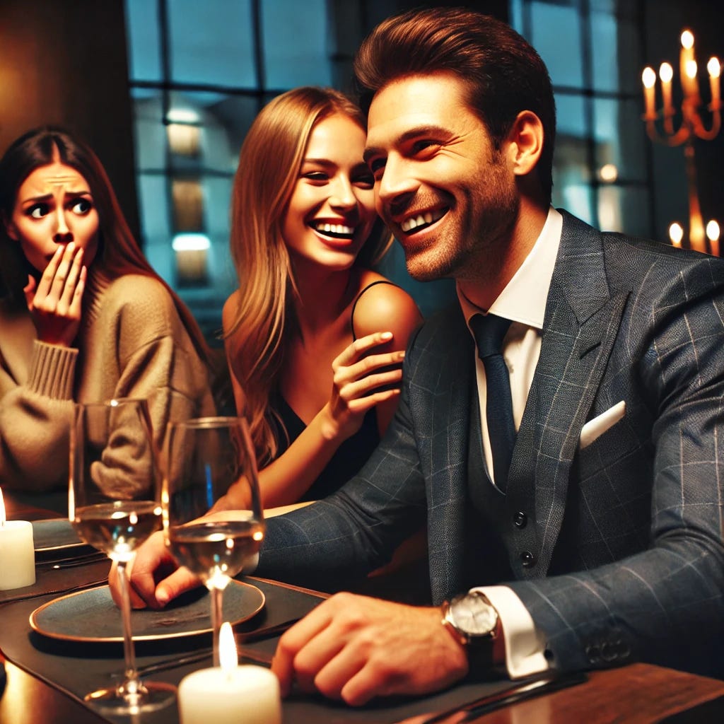 A man in his 30s, dressed sharply in a suit, sitting at a candlelit restaurant with a young woman, laughing and leaning in closely. Meanwhile, in the background, his wife, wearing a casual outfit, looks on with a shocked expression from a distance. The setting is modern and upscale, with dim lighting and wine glasses on the table.