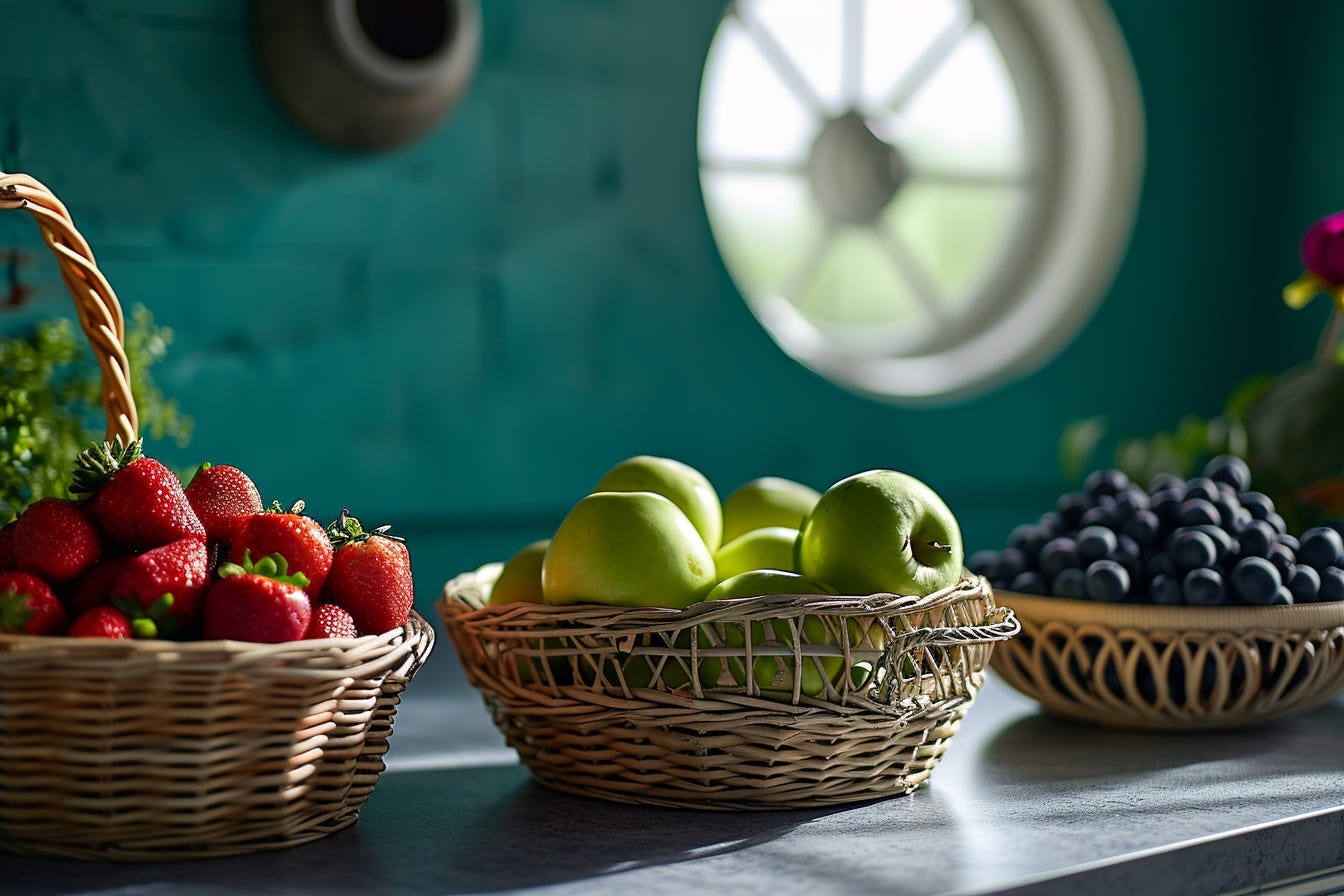 There are three baskets full of fruit on a kitchen table. The basket in the middle contains green apples. The basket on the left is filled with strawberries. The basket on the right is full of blueberries. In the background, there is a blank teal wall with a circular window.