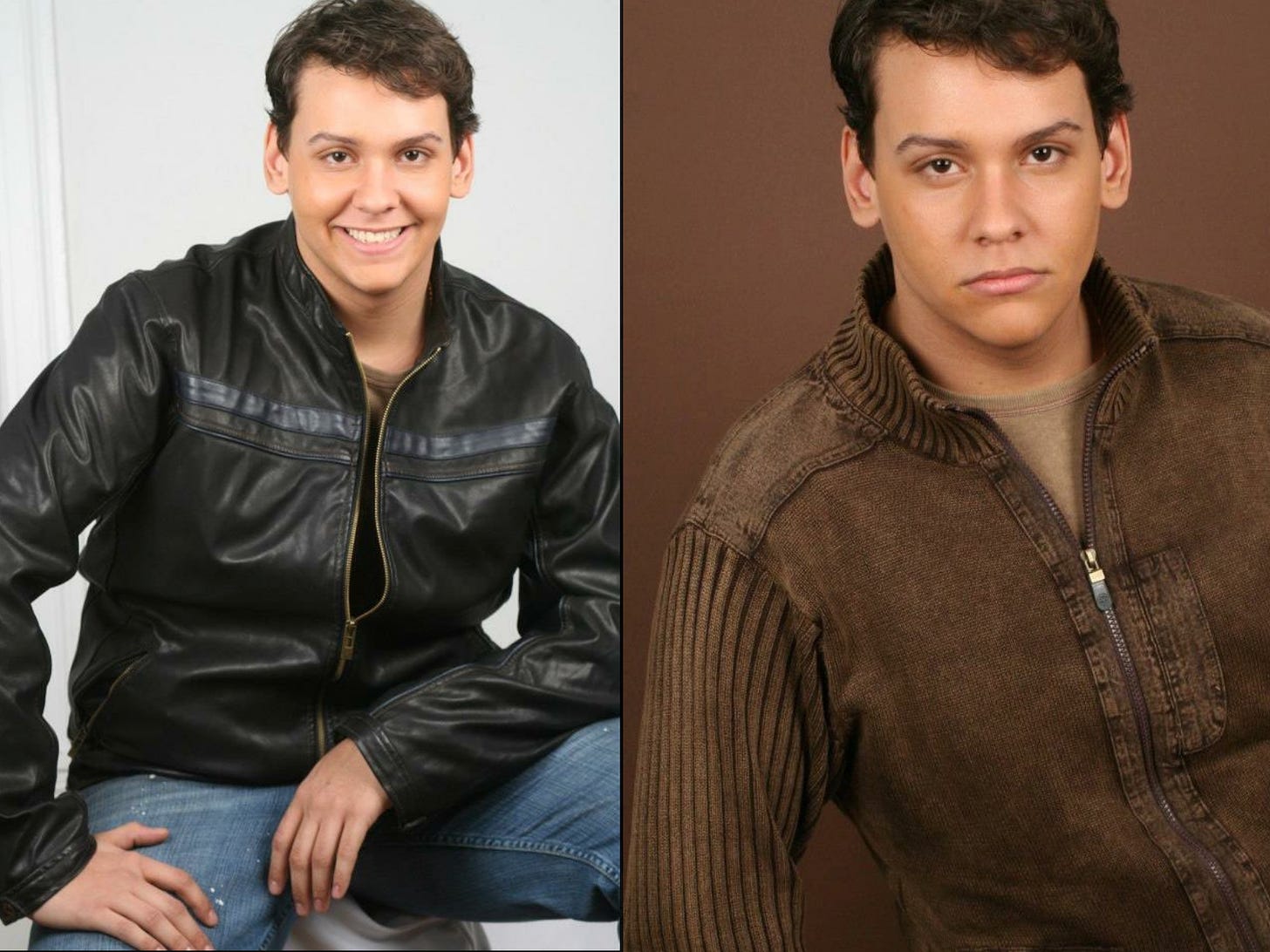 image 1: Young George Santos smiling in a leather bomber jacket, image 2: young george santos in a brown suede jacket