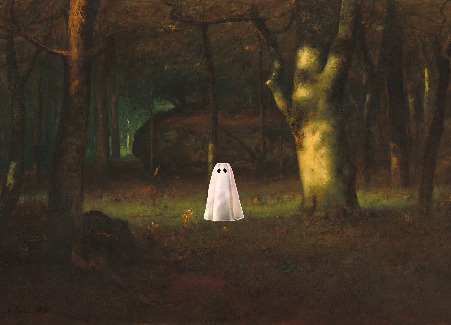 a ghost made of a white sheet with cutout holes has been added to the center of an old landscape painting of a dark forest.