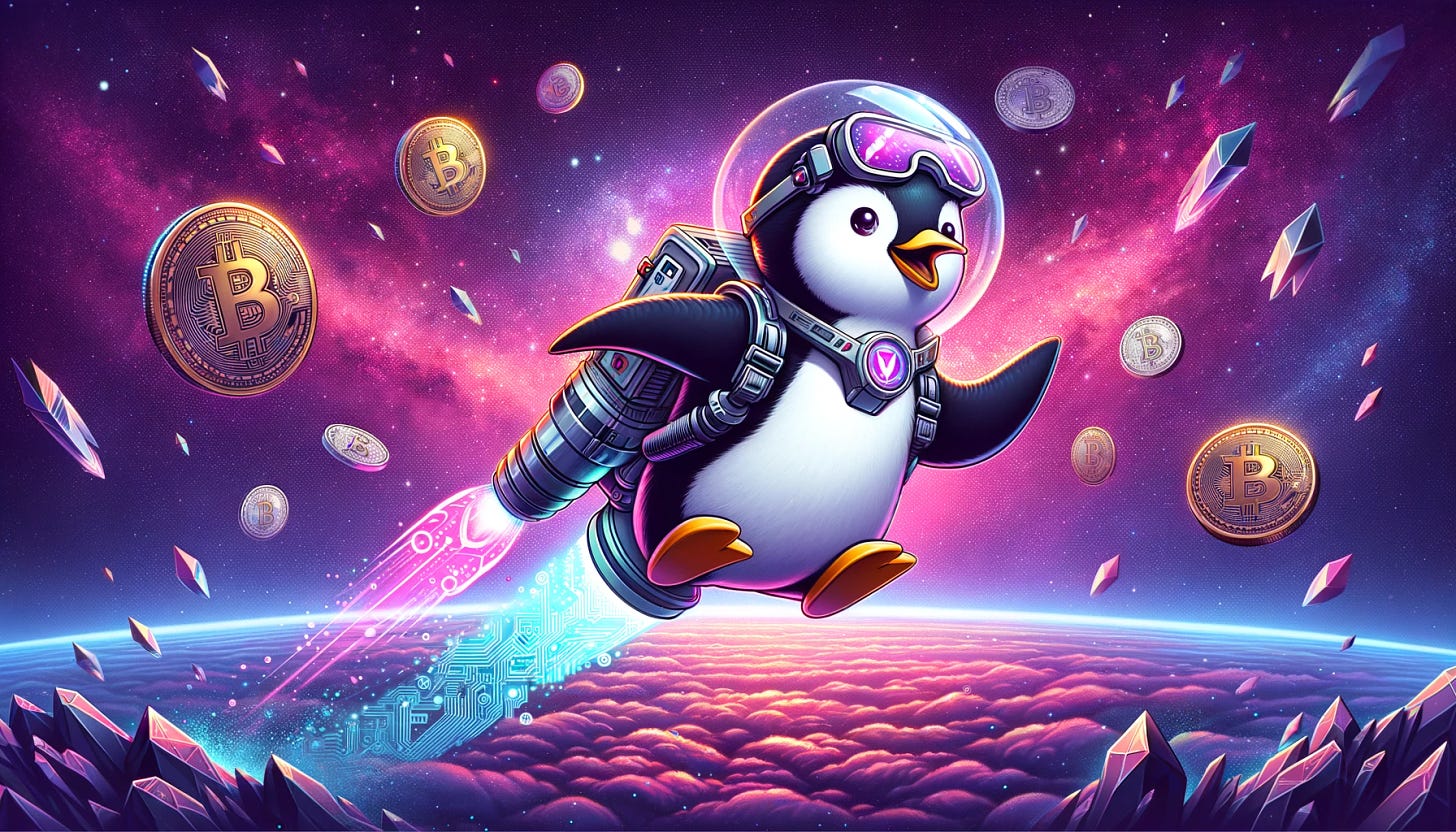 Create a banner sized at 1200x400 pixels featuring a whimsical and heroic penguin character equipped with a futuristic jetpack, soaring through an expansive, intergalactic space setting. The penguin should embody a sense of adventure and the spirit of exploration, indicative of the mass adoption of cryptocurrency in the future. The color scheme should be inspired by the attached image, with a background that blends vibrant pinks and purples reminiscent of the penguin's playful character. The penguin should have subtle references to cryptography and blockchain, such as a digital token pattern on the jetpack and holographic crypto coins orbiting it. Include distant stars and galaxies to enhance the cosmic setting, ensuring the elements are arranged horizontally to fit the banner size.