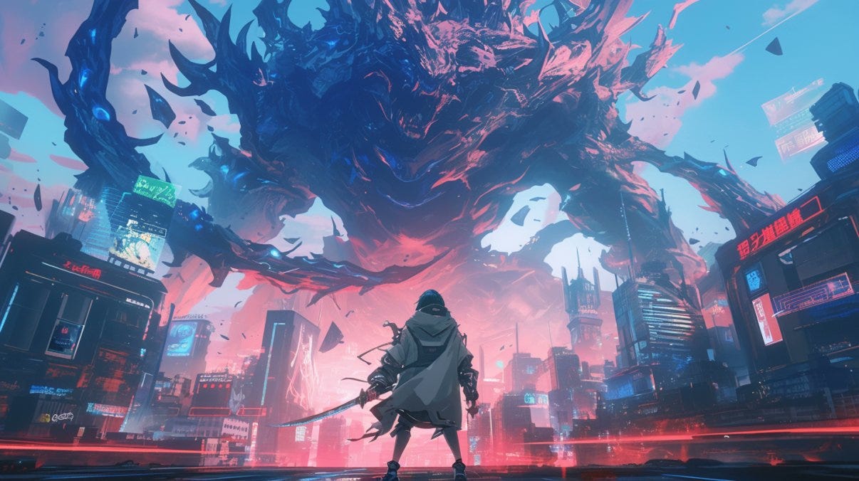 screenshot for 3rd person POV MMORPG video game final boss battle | the character is confronting a big villain in the background | textured neonpunk organic forms | dynamic outdoor shots | gigantic scale | futuristic city vibes at sunset --ar 16:9 --niji 6 --s 750 