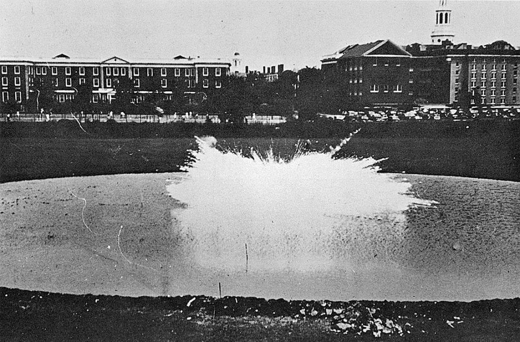 Independence Day, 1942: the first field test of napalm, behind Harvard Business School. Photograph courtesy of Harvard University Archives/ Louis Fiester, The Scientific Method<