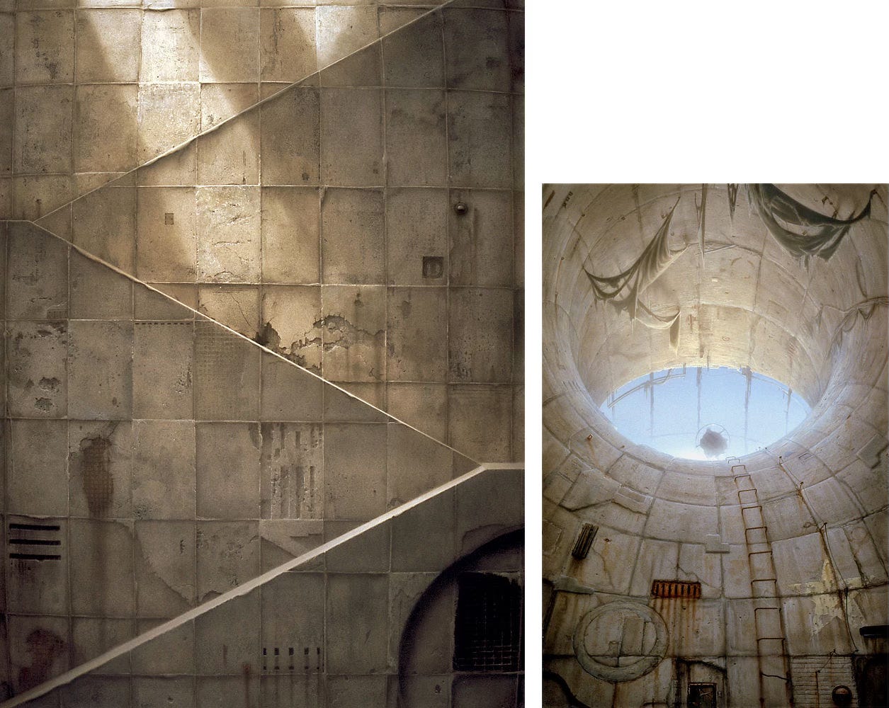 LEFT: Light falls soft across a concrete wall made of tall rectangular panels forming an illuminated patch in the shape of a long trapezoid. The concrete panels vary in texture to express differing degrees of weathering of the stone. Switchbacks cut left to right and back again to form a large S-shape that climbs the enormous structural wall. RIGHT: A low angled view follows the curve of concrete wall up a cavernous toroidal space. The structure at the upper edge of the curve drops off, opening the tunnel to blue sky. The contrast against pale concrete evokes the appearance of the human eye. At the lower center of the opening, a figure in a cloak holds a metal ring, which simultaneously looks like an iris while echoing the artist's sigil (the letters M and W combined inside a circle. Rebar set in concrete forms a ladder up the curving slope, further defined by its rust stained trail. Next to the ladder, a weathered five-pointed star is painted in yellow on the irregularly paneled concrete wall.