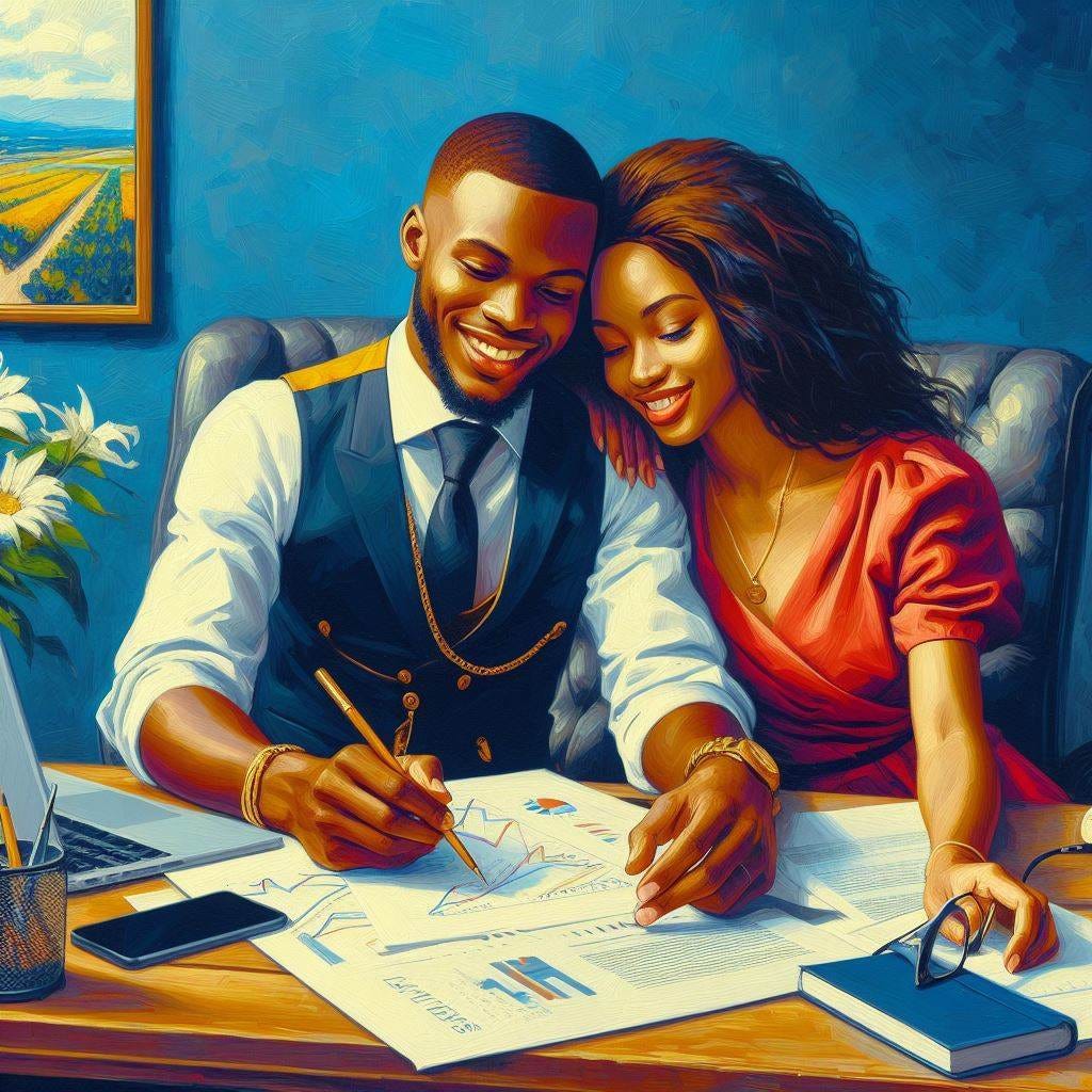 génère l'image d'un jeune homme noir qui a réussi assis dans son bureau avec sa belle femme avec qui il discute, le tout style peinture d'huile sur fond bleu