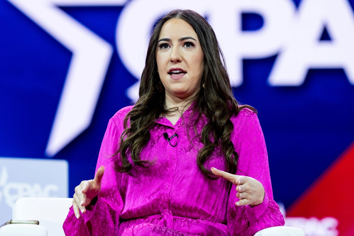 Chaya Raichik, creator of Libs of TikTok, speaking at the Conservative Political Action Conference (CPAC) held at the Gaylord National Resort & Convention Center in Oxon Hill, Maryland. (Photo by Michael Brochstein/Sipa USA)(Sipa via AP Images)
