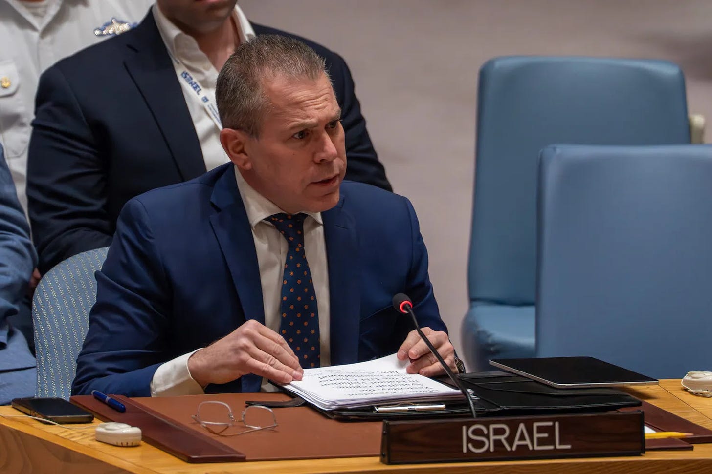 Israeli Ambassador to the United Nations Gilad Erdan addresses the U.N. Security Council.
