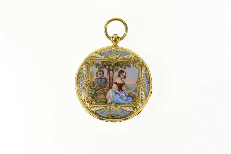 Ornate Victorian Painted Enamel Elaborate Pocket Watch image 1
