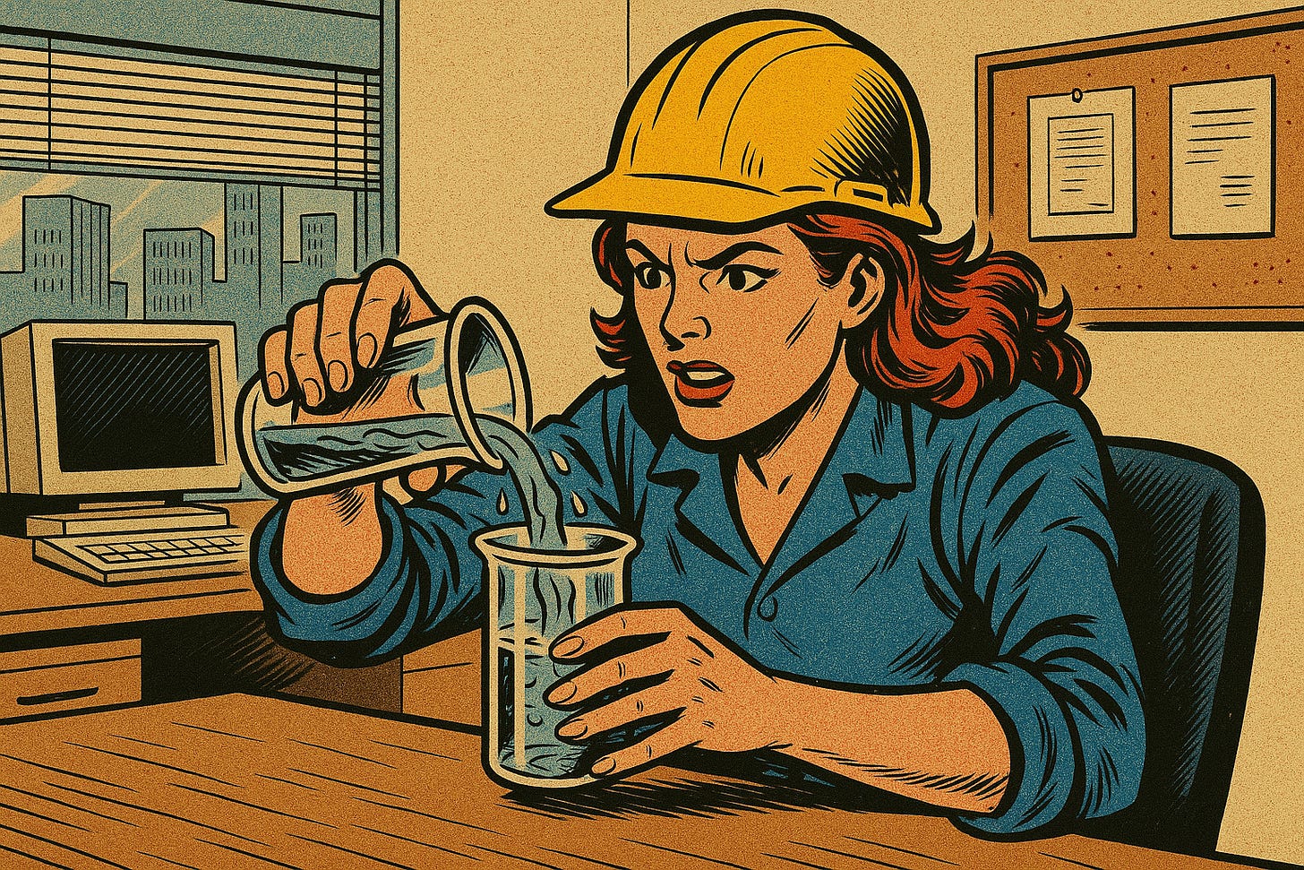 Vintage X-Men comic book style image of a data engineer with a yellow safety helmet. She's pouring water from one glass to another.