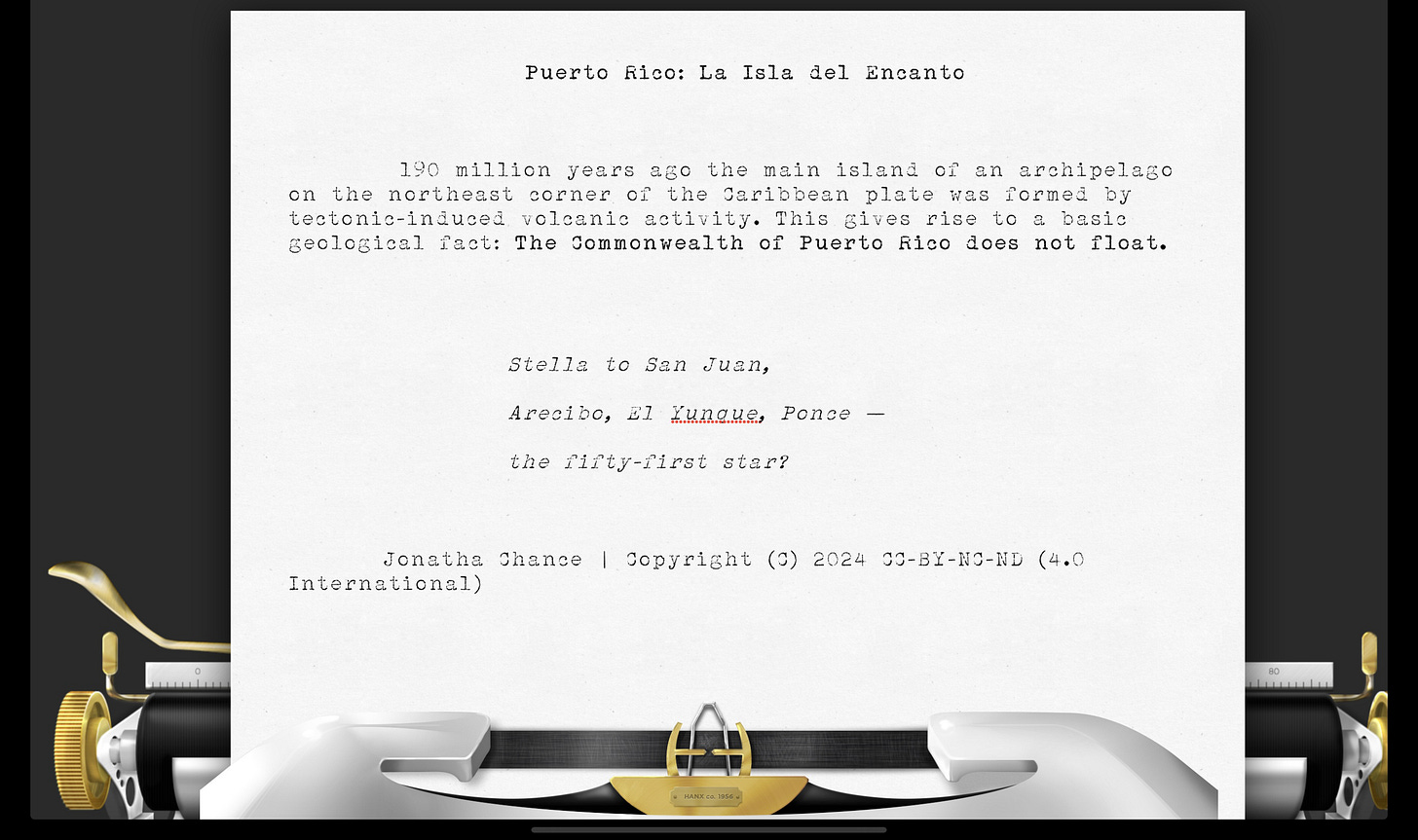 17 sounds by Jonatha Chance rendered upon the Hanx Golden Touch virtual typewriter using the Hanx Writer app.