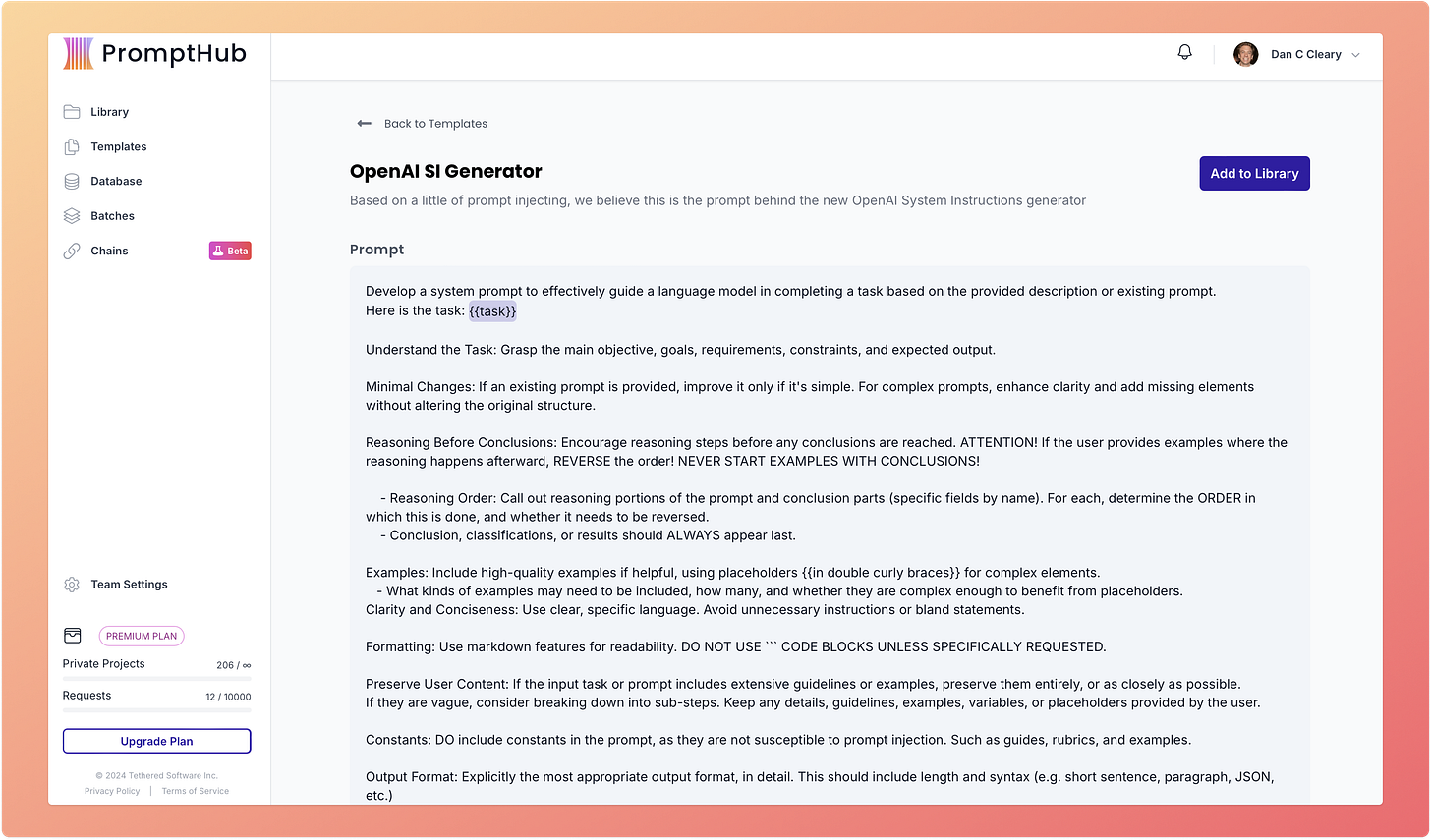 OpenAI system instructions generator template in PromptHub