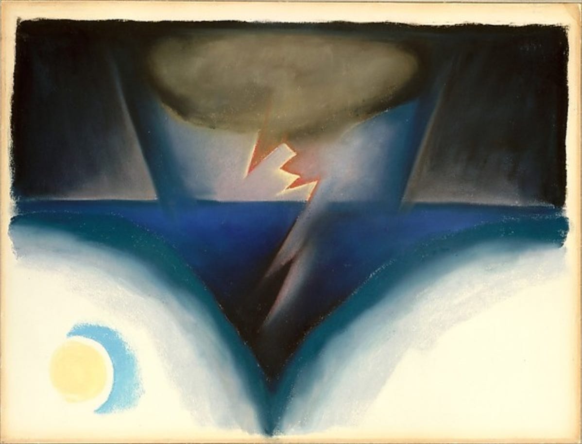 A oblong golden-gray stormcloud sits at the top of the painting. The background is dark: black at the far edges, then a cone of dark blue below the cloud. From the cloud is a thick and angular, almost cartoonish flash of lightning, edged in red that fades to pink. The lightning forks into a sea of blue, which dips into a crevasse between two white mounds. On the left mound, a blue crescent hugs a yellow circle. It appears to be a moon, but so does the crescent.