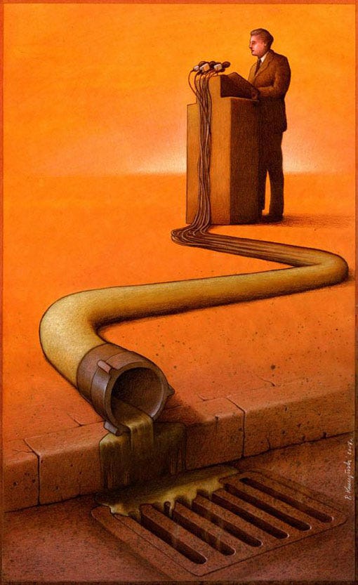 artwork by Pawel Kuczynski depicting a politician talking to microhone whose cable turns into a pipe that pours on to the sewer 