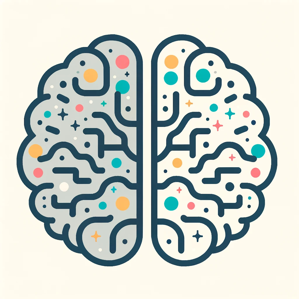 Ilustración vectorial minimalista con dos cerebros en vista frontal. El cerebro de la izquierda tiene un diseño gris y sencillo, y el cerebro de la derecha es vibrante con elementos luminosos que sugieren actividad.