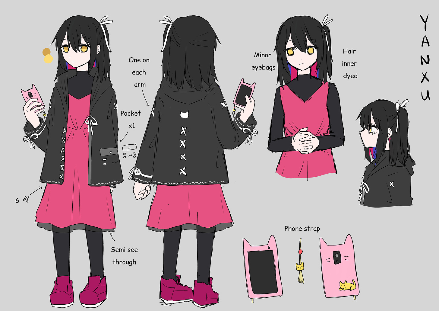 character sheet for yanxu: a girl with shoulder length black hair, side tail on her left. The back of her hair is dyed pink and indigo. she is wearing a black kitty hoodie decorated with white ribbons over a pink dress, black leggings. she is holding a pink cat shaped phone case
