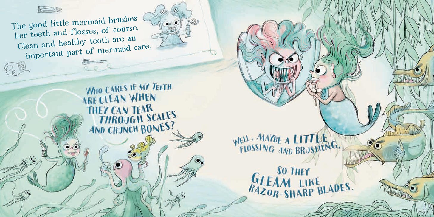 Illustration spread from The Good Little Mermaid's Guide to Bedtime that shows eels watching the mermaid brush her teeth.