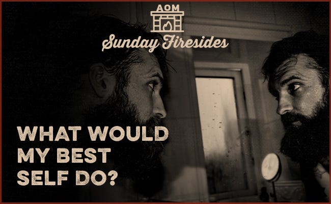Black white bearded man looking in the mirror.