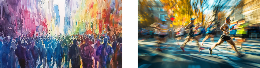 On the left, a colorful, abstract painting of a large crowd of people walking through a city street. On the right, a dynamic photograph of runners in a marathon, captured with motion blur to emphasize speed and movement.