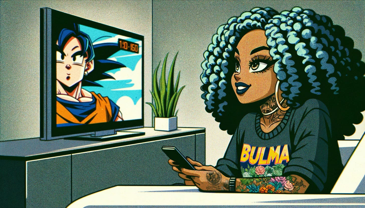 Wide cartoon-style image of a beautiful black woman in a grainy texture, with visible tattoos and her makeup done. She has long, curly blue hair and is wearing black glasses. She's wearing a shirt that says 'Bulma'. The woman is watching a show on a wide screen, and the screen displays the text 'Battle Hour'. The focus is on her engaged expression as she watches the show, with the wide screen clearly visible in the scene. The background should be comfortable and relaxed, creating an atmosphere of her enjoying her leisure time in a wide setting.