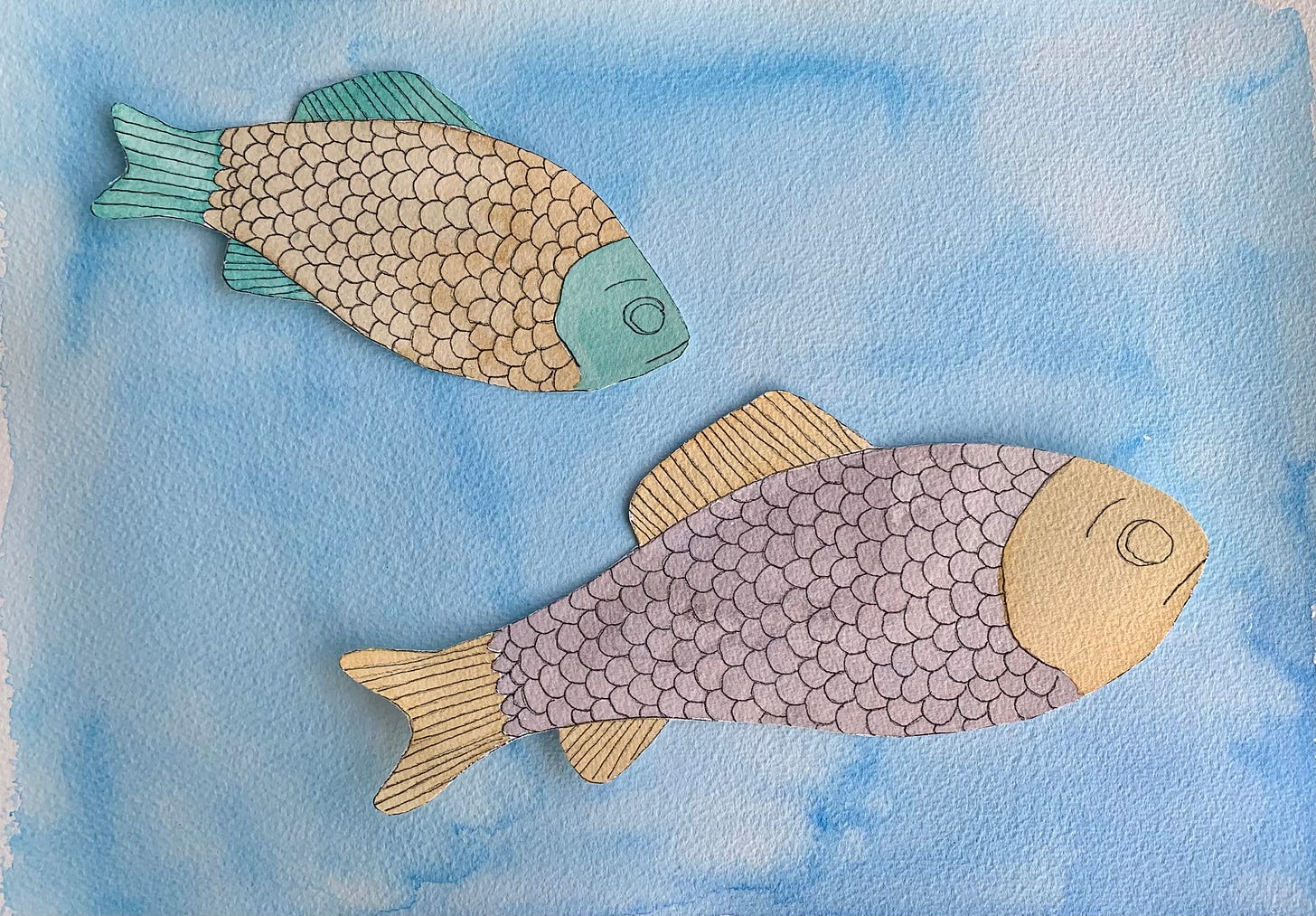 A watercolor painting with two cut out watercolor fish on a blue background that's more sky blue than sea blue. One fish is gold with green fins and face, the other is purple with gold fins and face.