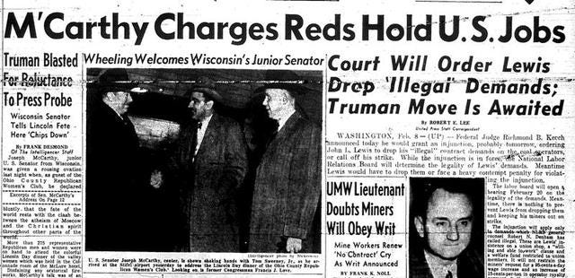 Feb. 9, 1950: Sen. Joseph McCarthy Announces "Enemies Within" - Zinn  Education Project