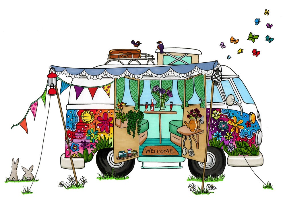 A hand drawn illustration of a brightly coloured VW camper van. With flower and swirl and leaf patterns on the side of the van, open double doors in the side of the van showing comfy seats and a table with flowers, a red wine bottle and wine glasses filled with red wine. There is as welcome mat by the doors, colourful bunting on a blue scalloped awning, butterflies and two grey bunnies by the side of the van.