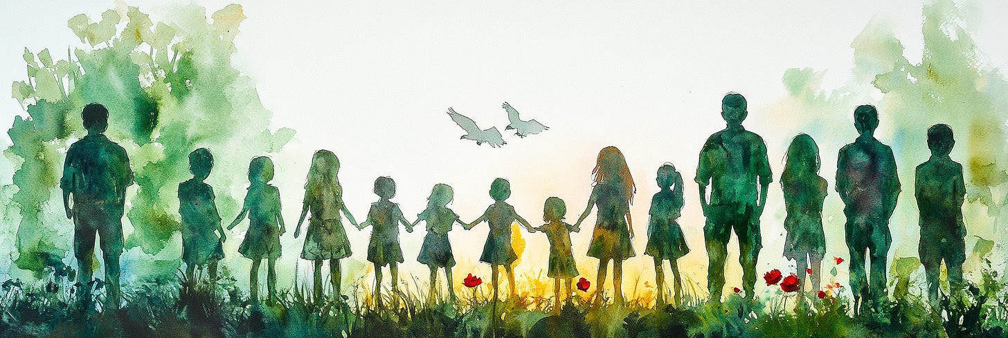 A watercolor painting of silhouetted figures of adults and children standing in a line, holding hands against a soft, green background of trees. Two birds fly overhead, and red poppies bloom at their feet, suggesting themes of unity, peace, and nature.