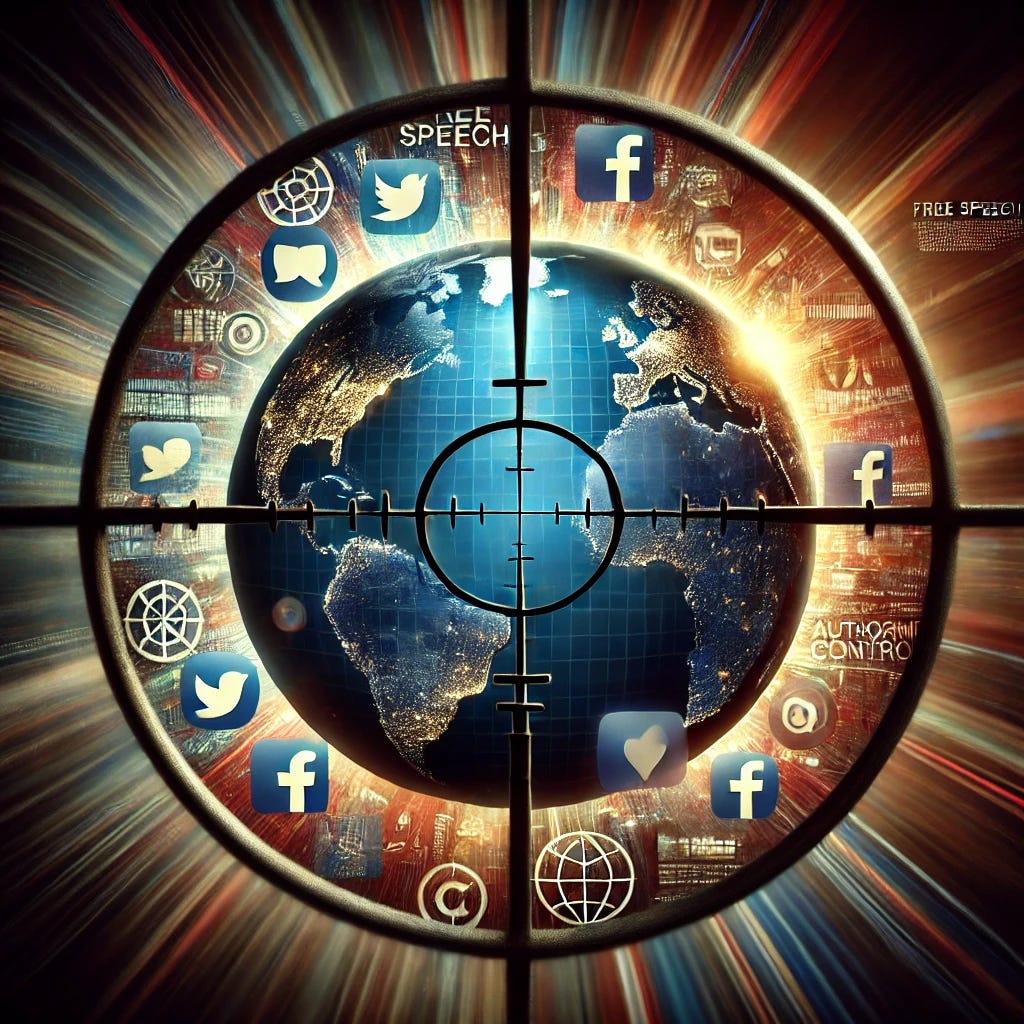 A dramatic and symbolic image representing the concept of 'Free Speech in the Cross Hairs.' The image features a globe with digital networks and social media icons surrounding it, caught in the crosshairs of a sniper scope. The globe should have a blend of bright and dark colors to signify the tension between freedom and suppression. Around the globe, there are faint shadows of government buildings and authoritarian symbols subtly integrated, reflecting the global nature of censorship. The overall atmosphere is tense, with a balance between light and darkness, symbolizing the conflict between free speech and government control in the digital age.