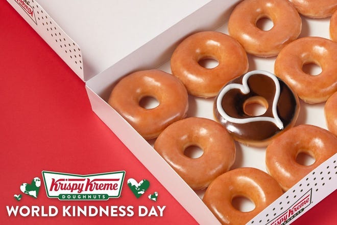 Krispy Kreme will give out free glazed donut dozens on Monday, Nov. 13 to celebrate World Kindness Day.
