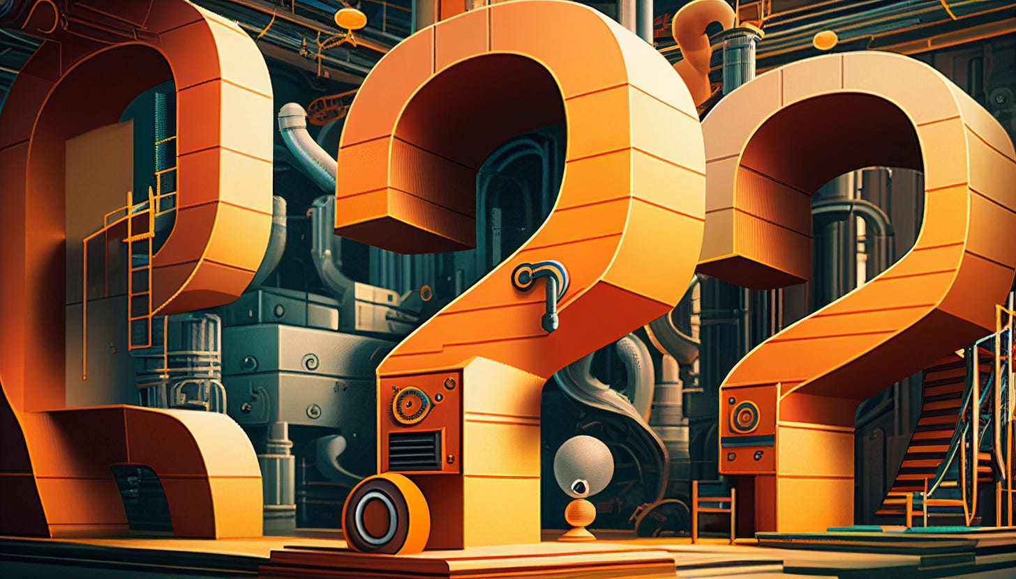 retro futuristic machines in the shape of question marks