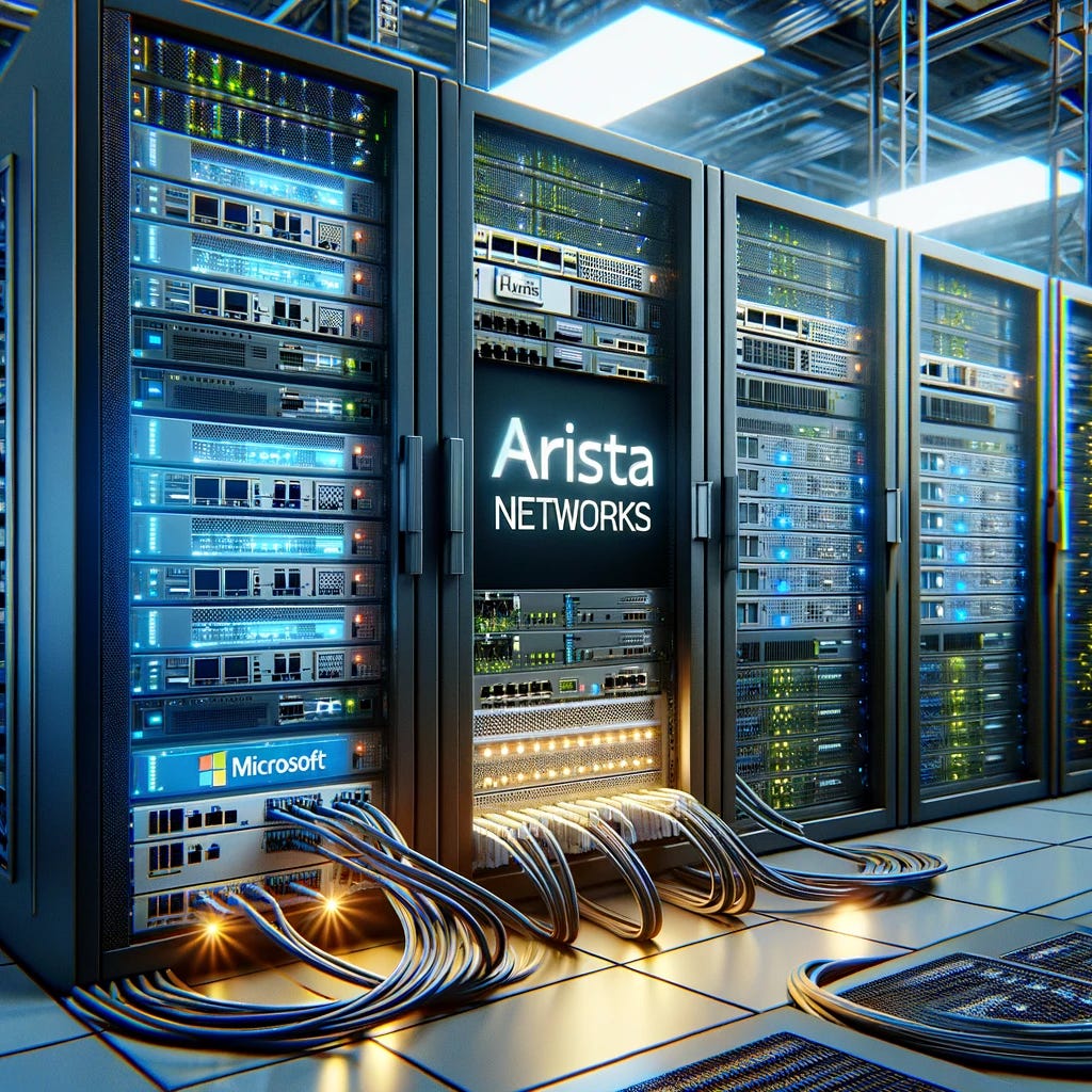 Illustration of a modern data center network setup, showcasing Arista Networks equipment connecting to servers labeled with Microsoft and Meta logos. The scene depicts a large server room filled with racks of network switches and servers, cables neatly organized, LED lights blinking. The focus is on the networking equipment, prominently featuring Arista Networks branding, and clearly connected to servers that are clearly marked with the logos of Microsoft and Meta, symbolizing a technological partnership in a high-tech environment.