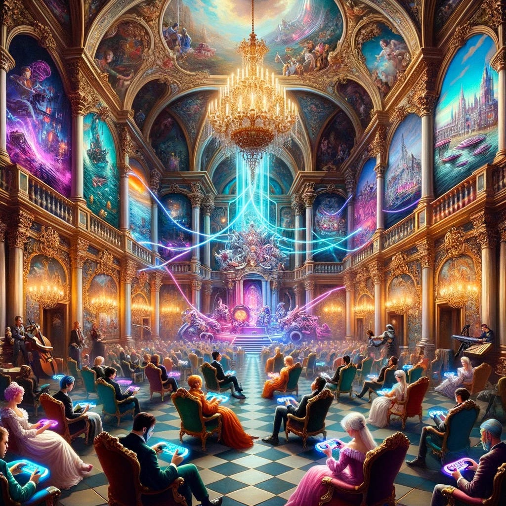 A majestic palace hall is transformed into an opulent gaming arena. Players, seated on elaborate thrones, are equipped with state-of-the-art gaming devices. The surrounding walls, embellished with grand tapestries, depict iconic scenes from various video games, merging them with vibrant, cyberpunk landscapes. Musicians harmonize classical and electronic tunes, creating an immersive environment where players craft their unique narratives.