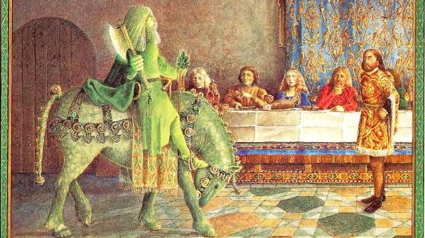 Gawain confronting the Green Knight in Arthur's Court
