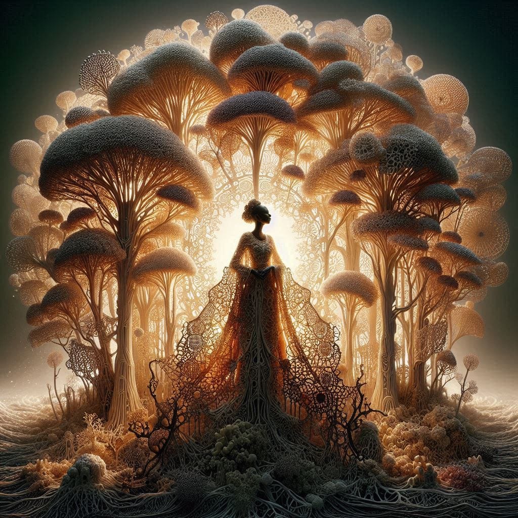 inside piercing air among trees; tiltshift/ 5d angle glass embedded Carla caves / Broken into fragments/ pieces Rwandan woman in traditional garb with lace mycelium in her /her house, glowing,  is a large coral plant underwater / olive,ivory, chartrues, lace made of black water in resin/ love. coral orange, pink, cream, olive address/ reverberating waves/ water in resin verdigris/ In the style of Michael Parkes. black etching/ black linework/ 
