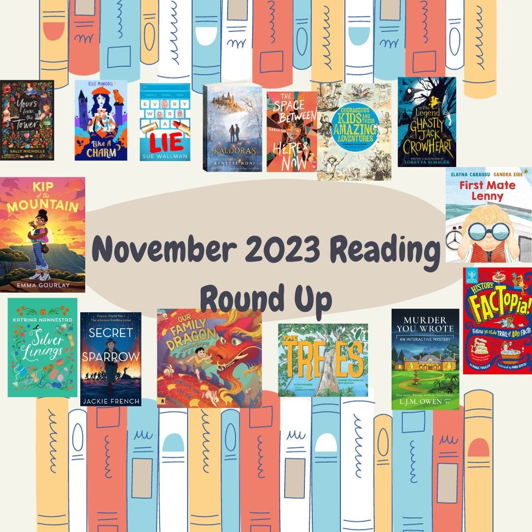 A beige background with colourful books at the top and bottom. A dark beige circle is in the middle of lots of book covers with text that reads November 2023 Reading Round Up.