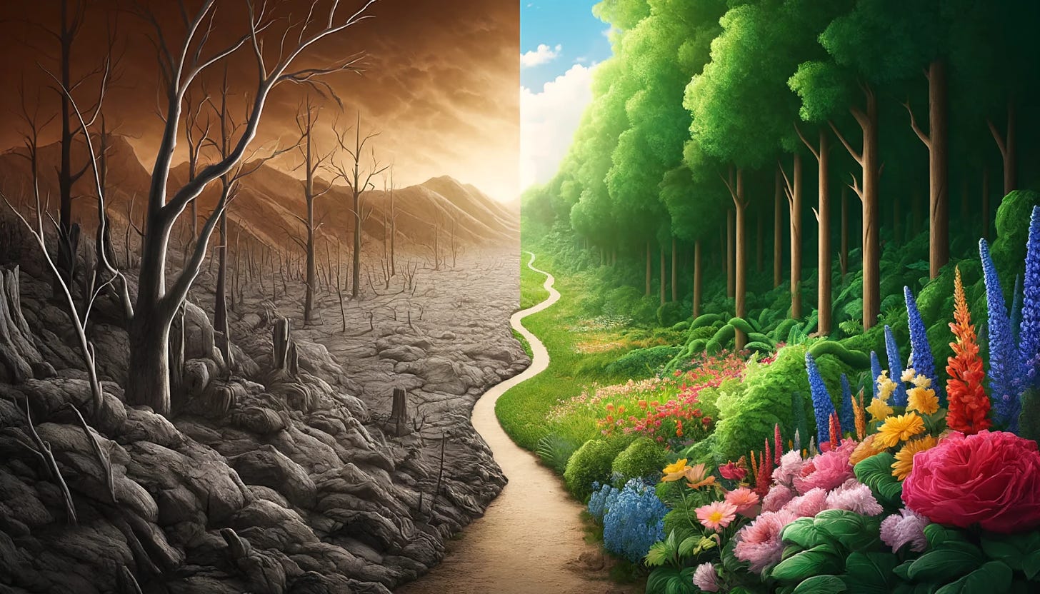 A widescreen image depicting a scene where the left part is a barren wasteland, characterized by a gray and brown color palette, devoid of vegetation. The right part is a lush, vibrant forest filled with colorful flowers and lush greenery. A winding path transitions from the barren wasteland on the left to the lush forest on the right, symbolizing a journey from desolation to abundance.