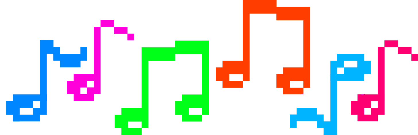 Six 16-bit music notes in blue, magenta, green, orange, light blue, and red.